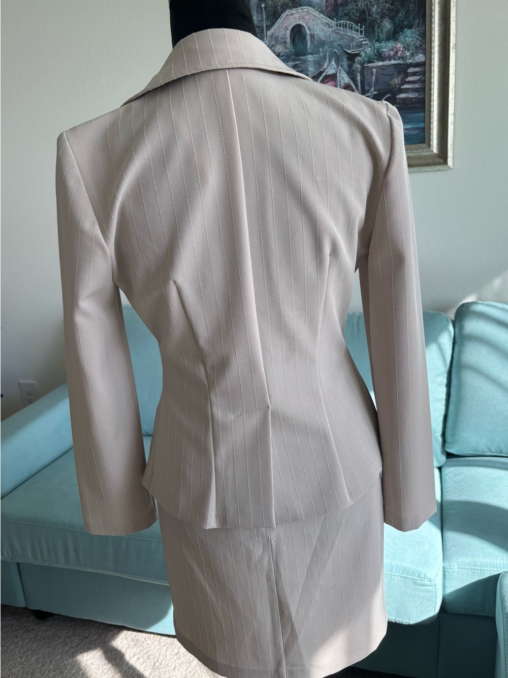 4-Piece Beige Pinstripe Set |Blazer, Corset Top, Pants /Mini Skirt | XS-S - Picture 4 of 15